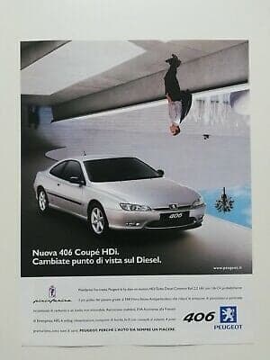 Italie — « Nuova 406 Coupé HDi. Cambiate punto di vista sul Diesel. » Changez de point de vue sur le Diesel : le personnage est à l'envers.