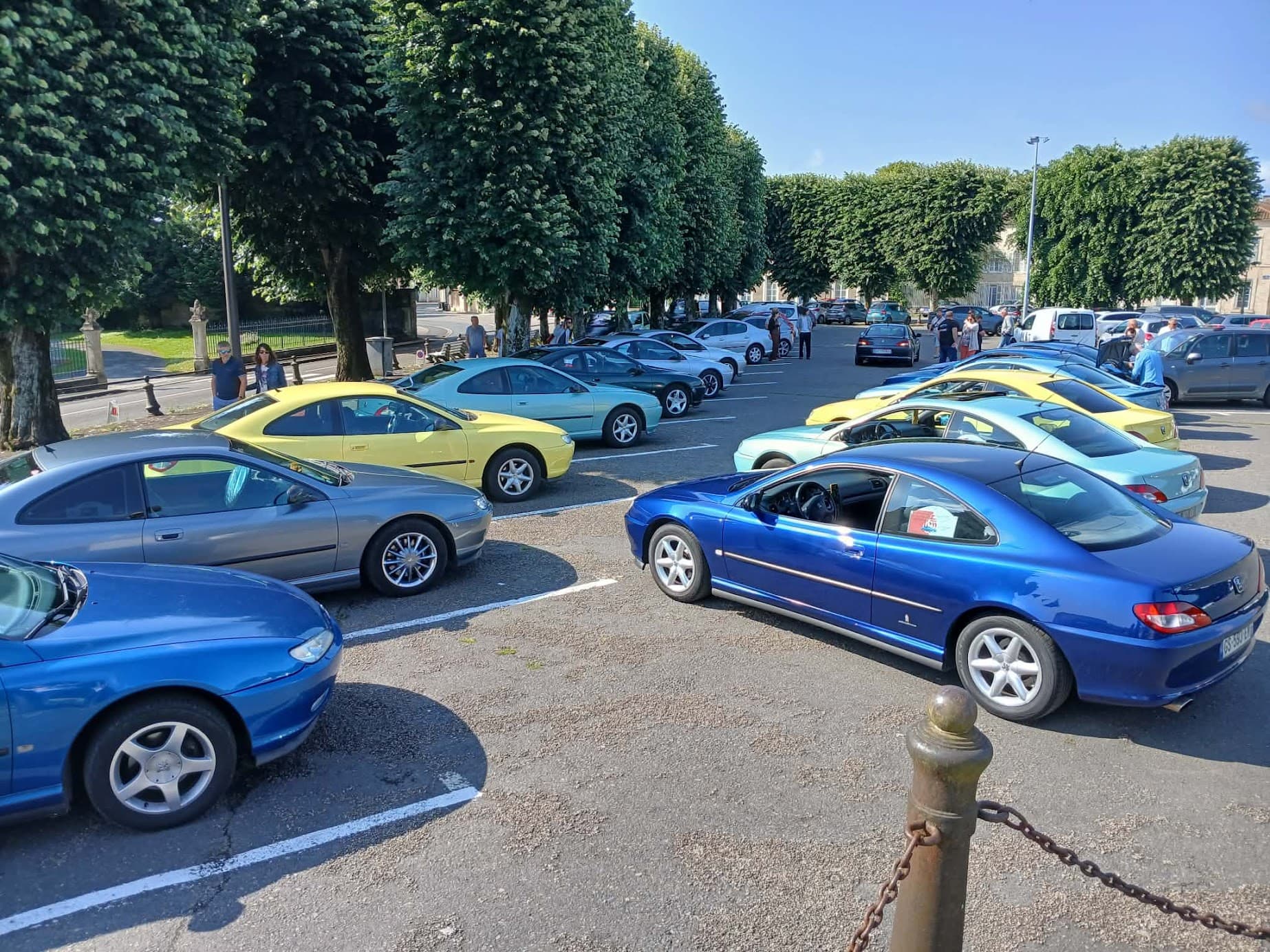406 Coupé bleues, jaune et vertes stationnées sous les arbres pendant un rassemblement