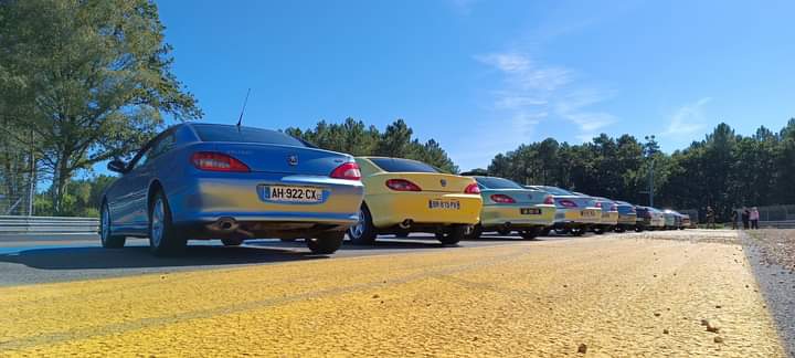 Deux 406 Coupé bleue et jaune vues de trois quarts arrière au bord d'une piste